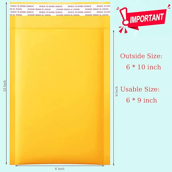 packbabol Kraft Bubble Mailers 6x10 Inch 100 Pcs,Small Self-Sealing Mail Shipping Bags,Yellow Padded Envelopes #0