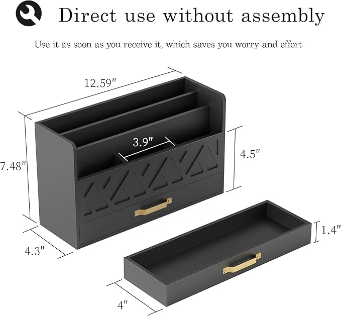 WISUCART Bamboo Mail Organizer Countertop Wood Desk Organizer Drawer Tabletop Storage Box Letter Sorter Makeup Organizer for School Home Office Supplies Black