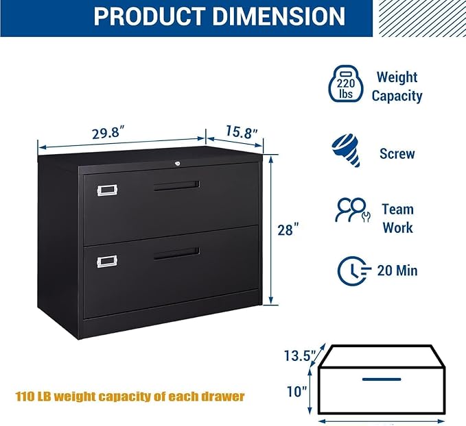 Fesbos Lateral File Cabinet with Lock, 2 Drawer Large Metal Filing Cabinet,Home Office Lockable Storage Cabinet for Hanging Files Letter/Legal/F4/A4 Size-Assembly Required