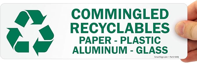 SmartSign Commingled Recyclables Sticker - Paper, Plastic, Aluminum Glass Pack of 5 Labels | 3" x 10" Laminated Vinyl, Made in USA