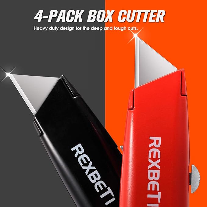 REXBETI 4-Pack Utility Knife, Heavy Duty Aluminum Shell Retractable Box Cutter for Cartons, Cardboard and Boxes, Extra 10 Blades Included