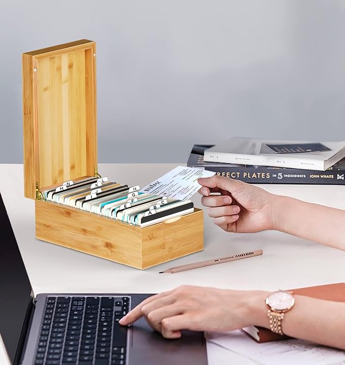 Neando Bamboo Index Card Holder for 3x5 Cards – Wooden Organizer with Lid, 4 Compartments, 600-Card Capacity, Includes 20 Thick Index Cards & 200 Note Cards– Natural Desktop Filing Box