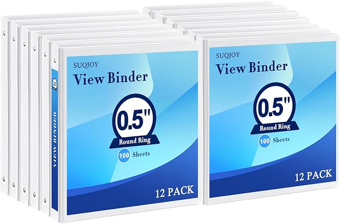 1/2 Inch 3-Ring Binder, 0.5-inch Round Ring Binder with 2 Inside Pockets, 12 Pack White Binders, Clear View CoverBinder Holds 8.5'' x 11''Paper for Office/Home/Back to School