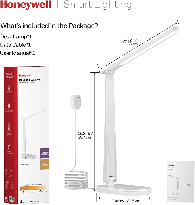 Honeywell LED Desk Lamp for Home Office, Eye-Caring Light with 4 Color Modes & Touch Control, USB A+C Charging Ports, Adjustable Rotating Head with Timer for Reading, Bedroom & Small Desks