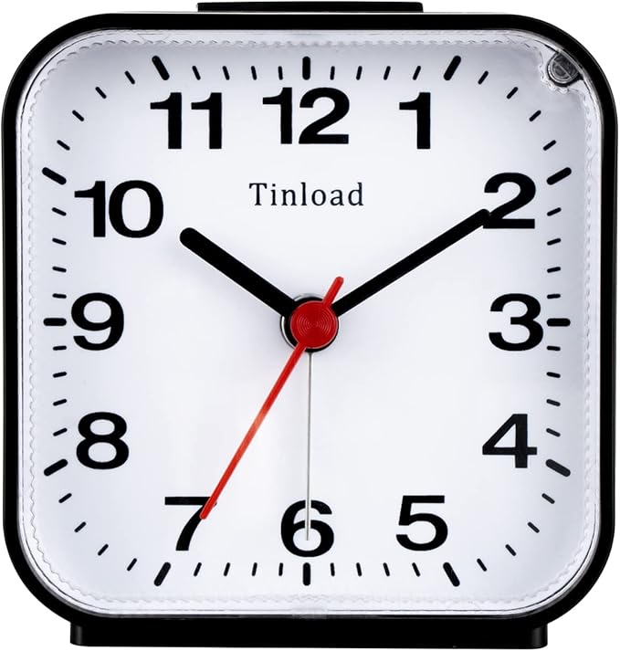 Tinload Small Battery Analog Alarm Clock Silent Non Ticking, Ascending Beep Sounds, Snooze,Light Functions (Black-B)