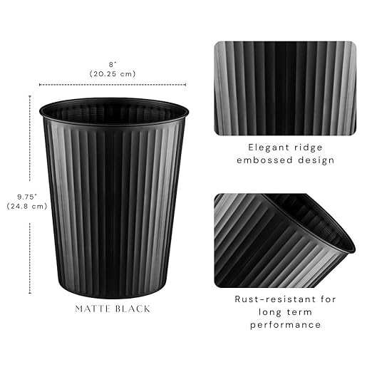 Monarch Abode Metal Bathroom Trash Can – Waste Basket for Bedroom, Office Desk, & Dorm, Handcrafted Ridge Embossed, Durable Decorative Black Small Trash Can Bathroom Garbage Bin Wastebasket