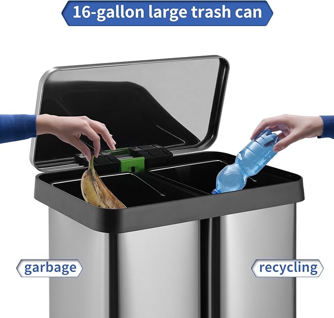 ComfyCorner 16 Gallon Dual Compartment Trash Can, Hands-Free Recycling Rectangular Garbage Bin, Stainless Steel Step-On Dustbin with Soft-Close Lid, Removable Inner Buckets, for Kitchen Home