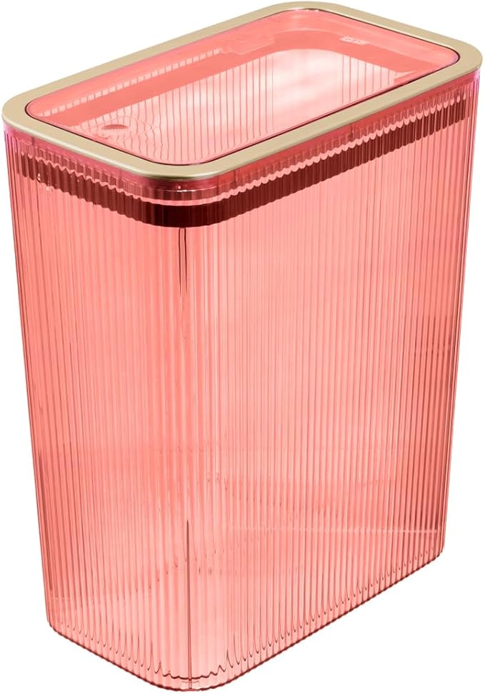 Glad Bathroom Trash Can, 2.6 Gallon (10L) - Slim Plastic Waste Basket with Pop-Up Lid and Bag Ring - Colored Clear Trash Can for Bedroom, Office, College Dorm - Blush