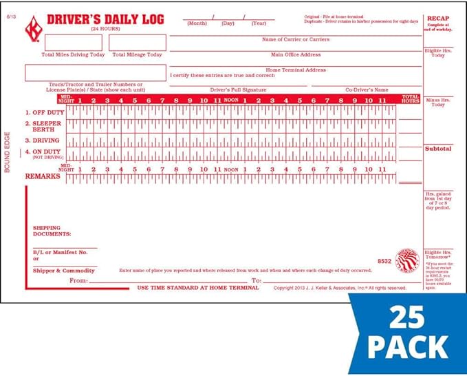 Driver Daily Log Book 25-pk. with Detailed Driver Vehicle Inspection Report & Simplified Recap - Book Format with 31 Sets, 2-Ply with Carbon, 8.5" x 5.5", J. J. Keller & Associates, Inc.