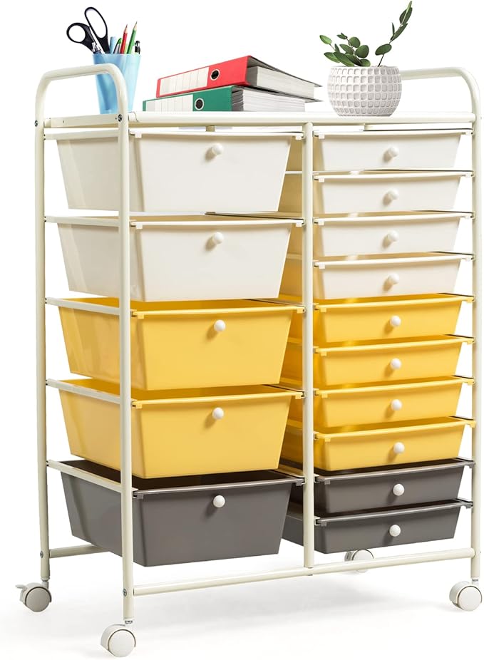 COSTWAY 15 Drawer Rolling Storage Cart, Multipurpose Mobile Storage Organizer w/Removable Drawers & Metal Frame, Utility Tools Paper Organizer on Wheels for Home, Office (Yellow, Beige & Grey)