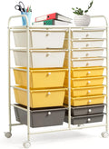 COSTWAY 15 Drawer Rolling Storage Cart, Multipurpose Mobile Storage Organizer w/Removable Drawers & Metal Frame, Utility Tools Paper Organizer on Wheels for Home, Office (Yellow, Beige & Grey)