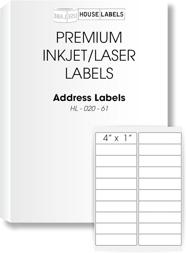 HOUSELABELS 20-up Shipping Labels (4" x 1") for Laser and Inkjet Printers, 25 Sheets
