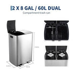 Garvee 16 Gallon (60 L) Dual Trash Can, Stainless Steel Garbage Bin with Plastic Inner Buckets, Commercial Trash Can with Soft-Close Lids & Pedals, Double Compartment Recycling Bin for Kitchen, Sliver