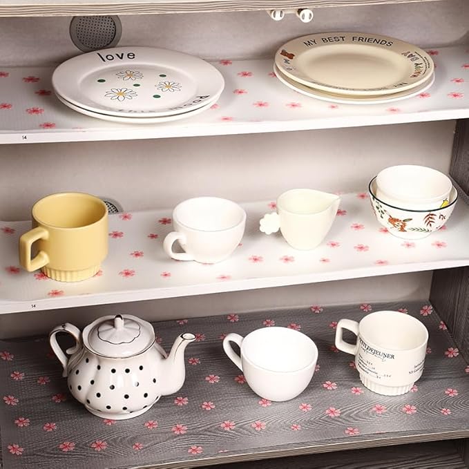 Cherry Blossom Shelf Liner - Non-Adhesive Drawer & Cabinet Liner, Non-Slip Waterproof Kitchen Shelf Paper,Pink Decorative Floral Refrigerator Liner, Easy to Cut & Clean