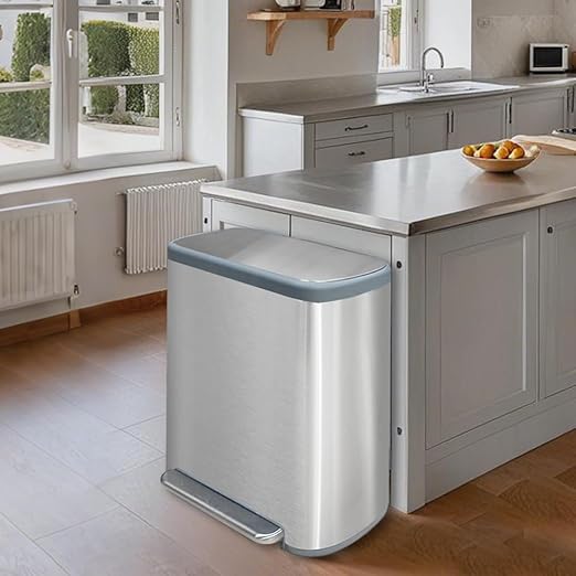 JM ·YIPENG Dual Trash Can Stainless Steel Recycle Bins for Kitchen, 16 Gallon Dual Compartment Recycling Trash Can with Soft-Close Lid and Removable Liner Buckets for Kitchen, Living Room, Sliver