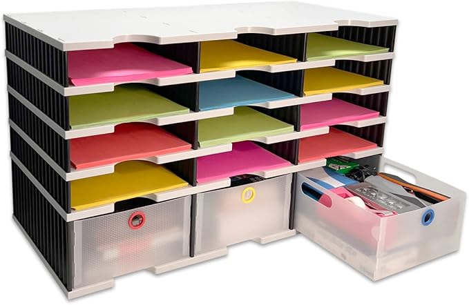Desktop Organizer 12 Letter Tray Sorter Plus Riser Storage Base & 3 Storage Drawers - Ultimate Office TierDrop Desktop Organizer Stores All of Your Documents & Supplies in One Compact Modular System