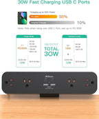 PD30W Desk Clamp Power Strip, Desktop Mount Surge Protector, Fast Charging Station, 5Ft Extension Cord Desk Mount Shelf with 4 Outlets 4 USB Ports (2 USB C), Home Office Accessories Essentials, Black