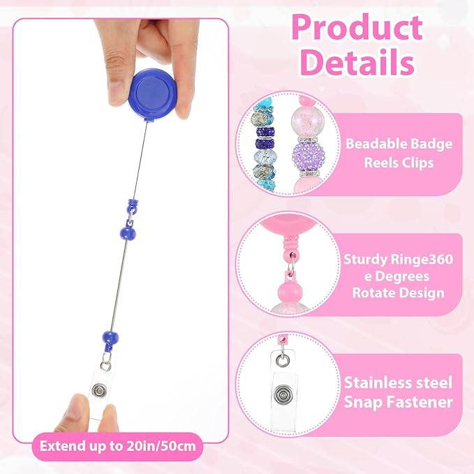 50 Pcs Colorful Beadable Badge Reel, Retractable Clips Holder Beaded Blank Bars with Belt Clip for ID Name, DIY Gift for Nurse Office Supplies