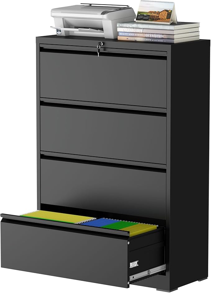 mysteeldepot 4 Drawer Lateral File Cabinet with Lock, Metal File Cabinet, Lateral File Cabinets for Home Office, Heavy Duty File Storage Cabinet for Legal/Letter/A4 Document, Assembly Required, Black