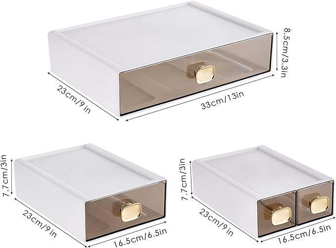 DETEIN 2 PACK Stackable Desk Organizer Stackable Storage Drawer Small Desk Organizer with Drawer Plastic Desktop Storage Organizer for Home, Office, Crafts, Pencils (White, M-1 Drawer, Pack of 2)