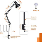 LED Desk Lamp With Clamp for Office Home, Eye-Caring Clip on Light with Adjustable Extra Tall Metal Swing Arm, High Intensity Clamp w/A19 E26 Bulb for Working Reading, 3000k Table Lamps Warm Light