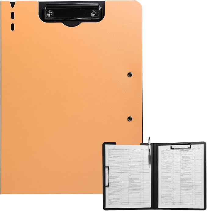 FRETONBA Clipboard Folder, A4 Foldable Clipboard with Horizontal and Vertical Double Metal Clips, 360 Degree Foldable Binder Clipboards with Pen Holder, File Cover Work Folder Clipboards, Orange