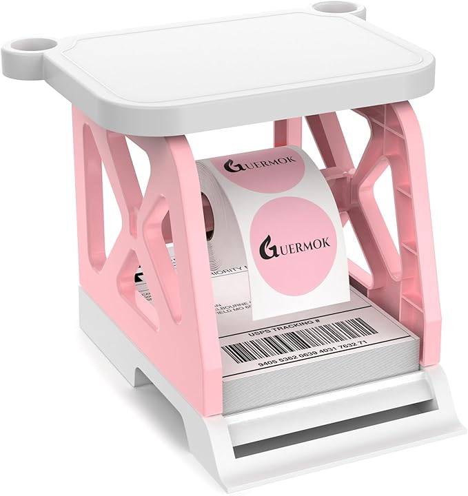 Guermok 3-in-1 Thermal Label Holder Stand for Printer – Desk Organizer for Roll & Fan-Fold Labels, Cable Management, Easy Assembly for Home, Office, Retail & Small Business(Pink)
