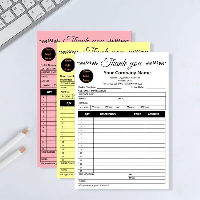 Custom Carbonless Sales Invoice Form Books for Small Business, Personalized NCR 3-Part Receipt Book with Carbon Copies, Cover Add Company Name, Address and Number Printed