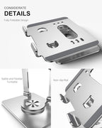 Tablet Stand Holder with Thickened 360°Rotating Base Dual Rod Adjustable Aluminum Stand for All 5.8-12.9” iPad Samsung Phone Tablet Kindle E-Reader and More, Silver