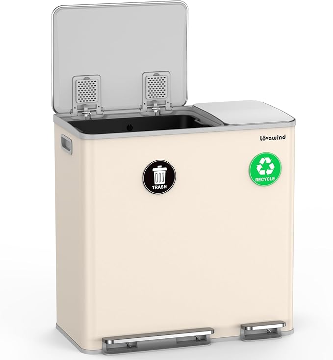 Lovewind Dual Trash Can, 14 + 6 Gallon Garbage Can for Kitchen Dual Compartment Recycling Kitchen Step Trash Bin, Stainless Steel Trash and Recycle Bin Combo with Soft-Close Lid, Apricot