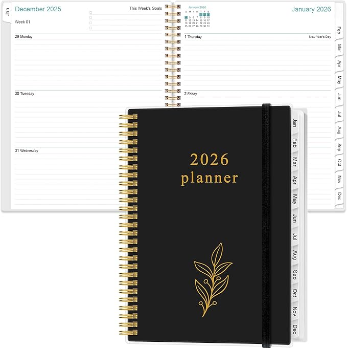 2026 Planner - Planner 2026 from January 2026 to December 2026 with 12 Monthly Tabs, Flexible Cover, Inner Pocket, 8.5" x 11", Leaf Black