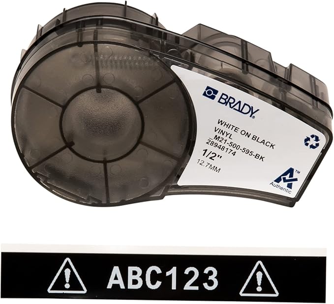 Brady Authentic (M21-500-595-BK) All-Weather Vinyl Label for Indoor/Outdoor ID, Lab and Equipment Labeling, White on Black- For M210, M210-LAB, M211, BMP21-PLUS and BMP21-LAB Printers, .5" W, 21' L