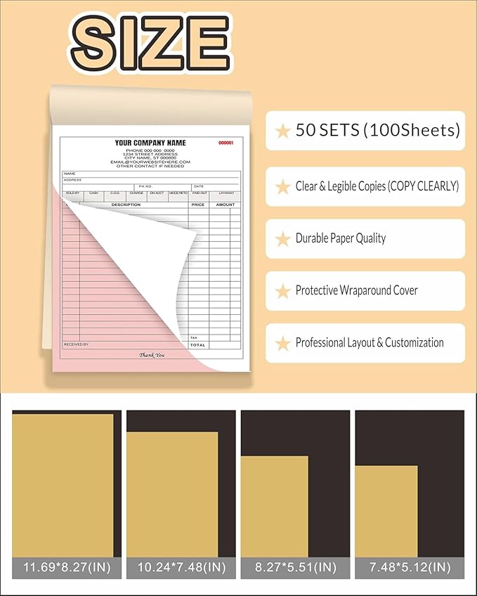 Custom Carbonless Invoice Book with Logo, Personalized Cover & Inner Pages, 2 Part NCR Receipt & Work Order Forms, Easy Tear, Writing Shield for Small Business (2-Part [White/Red], 10.24 * 7.48INCH)