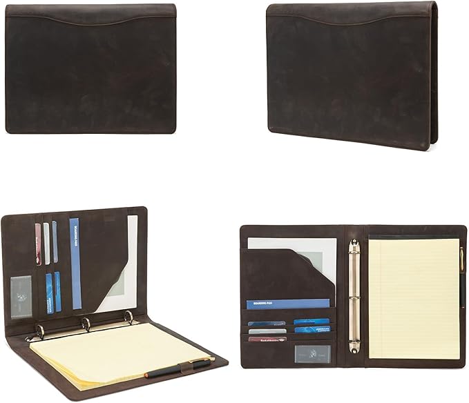 Geslun Genuine Leather 3 Ring Binder, 8.5 x 11 Letter Size Folio with Pen Holder, Soft Notebook Portfolio Cover, Slim Notepad Padfolio Thin File Organizer for Work Executive Meeting, Dark Khaki