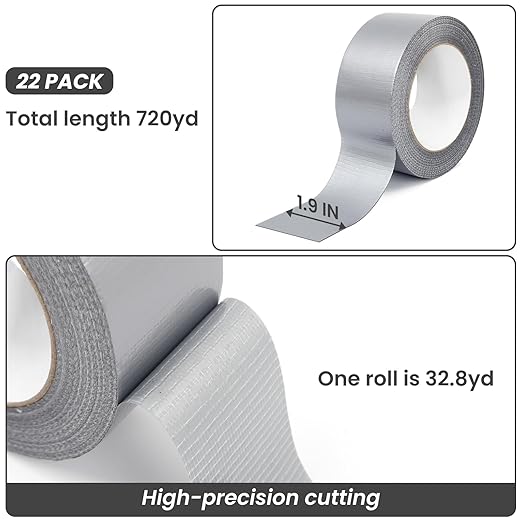 TOMAIX 22 Rolls Heavy Duty Duct Tape Bulk, 720 Yards, Gray Cloth Tape, Waterproof & Strong Adhesion for Repair, DIY, Home & Outdoor Use