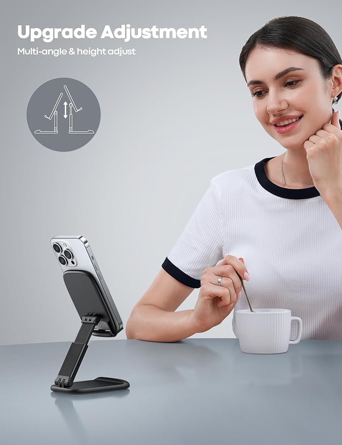 Lamicall Cell Phone Stand for Desk - [Height Adjustable] Foldable Mobile Phone Holder, Portable Stand for iPhone 17 16 15 14 13 12 11 Pro Max Plus Air, Galaxy S25 S24, Telephone, Office Accessories