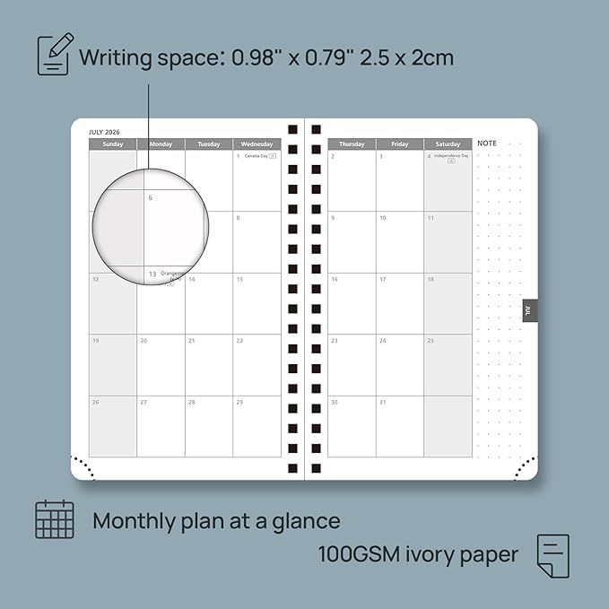 POPRUN 2026 Pocket Planner, (Small Size-4'' x 6.25'') - Daily Weekly and Monthly Calendar Agenda 2026 Appointment Book with Monthly Tabs, Spiral Soft Cover, Inner Pocket, 100 GSM - Navy Blue