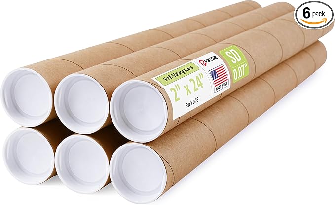 2" x 24" Reinforced Kraft Paper Mailing Tubes, Pack of 6 Tubes with 2 Caps Each – USPS Approved Poster Tube – Made in USA Cardboard Tube for Shipping and Storing Posters, Prints, Artwork, or Documents