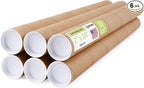 2" x 24" Reinforced Kraft Paper Mailing Tubes, Pack of 6 Tubes with 2 Caps Each – USPS Approved Poster Tube – Made in USA Cardboard Tube for Shipping and Storing Posters, Prints, Artwork, or Documents