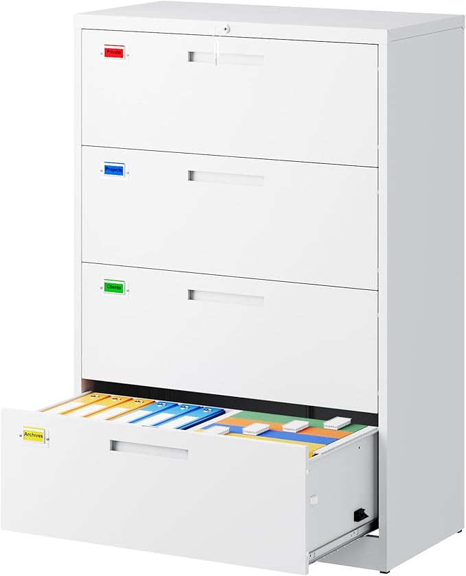 PEUKC 4 Drawer File Cabinet, Lateral Filing Cabinets for Home Office, Office Storage Drawers with Lock, Hanging Files Legal/Letter A4 Size (Assemble Required,White)