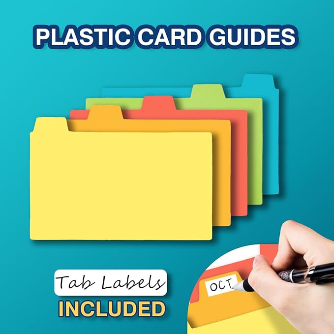 H4D Index Card Holder 3x5 Inches with 25 Plastic Dividers, Clear