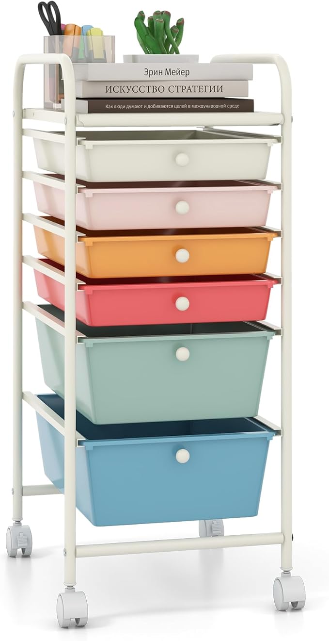 Giantex 6 Storage Drawer Cart Rolling Organizer Cart for Tools Scrapbook Paper Home Office School Multipurpose Mobile Utility Cart (Macaron)