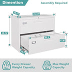 MIIIKO 2 Drawer Lateral File Cabinet with Lock, White Filing Cabinet for Home Office, Two Drawer Metal File Cabinet for Hanging Files Folders Letter/Legal/F4/A4 Size