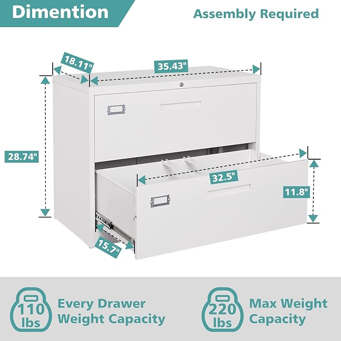 MIIIKO 2 Drawer Lateral File Cabinet with Lock, White Filing Cabinet for Home Office, Two Drawer Metal File Cabinet for Hanging Files Folders Letter/Legal/F4/A4 Size