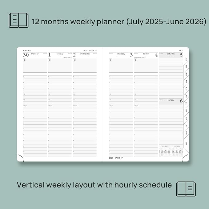 POPRUN Planner 2025-2026 (Medium - 6.5'' x 8.5'') Academic Weekly Calendar (July 2025 - June 2026) with Hourly Time Slots, Monthly Tabs, 100GSM Thick Papers, Leather Soft Cover - Blue Green