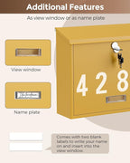 LAND·VOI Locking Wall-Mount Mailbox for Outside, with 4 Keys, Galvanized Steel Rustproof Metal Postbox, 4" Dx13.8 Wx11.2 H, Includes 3 Sets of Mailbox Numbers, Nameplate, Yellow