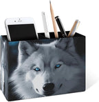 Famame White Wolf Blue Eyes Pencil Holder for Desk, Leather Desktop Container Pen Cup Storage Study Table Pen Organizer Makeup Brush Holder for Classroom Office Home