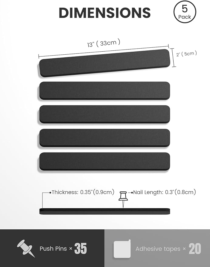 Fluxynara Cork Board Alternative Felt Strip Board 5-Pack 13"x2", Office Pin Board with 35 Push Pins, Adhesive Install for Bedroom Door & Home Office(Black)