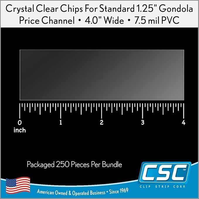 Clip Strip Corp. Price/Data Channel Label Holder Chips, Clear Plastic Tags, 4" L x 1.25" H, 7.5 Mil Thick, Gondola Shelf Edge, Reusable, Made for Point of Purchase Shelf Molding (500)