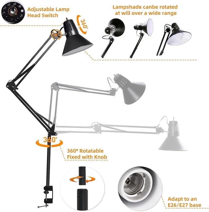 LED Desk Lamp With Clamp for Office Home, Eye-Caring Clip on Light with Adjustable Extra Tall Metal Swing Arm, High Intensity Clamp w/A19 E26 Bulb for Working Reading, 3000k Table Lamps Warm Light